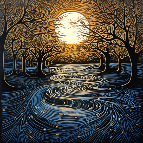 eine Zeichnung des Mondes über einem Wasser, im Stil der organischen fließenden Linien des Jugendstils, leuchtende Landschaftsmalerei, Präriekern, Holzschnitt, goldenes Licht, dunkles Silber und Blau, Schneeszenen