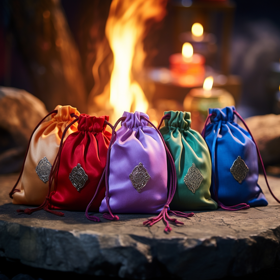 Fühf farbenfrohe Satin-Zugsäcke auf einem Stein vor einem Feuer, im Stil von hellem Gold und dunklem Smaragd, farbenfrohes Geschichtenerzählen, helles Lila und Rot, esoterisch, metallische Akzente, Mojo Bags