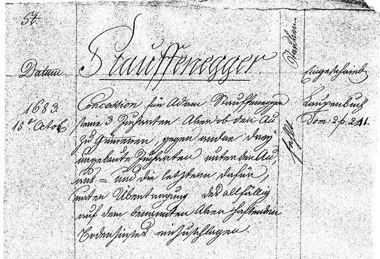 "Concession" für Adam Stauffenegger von 1683