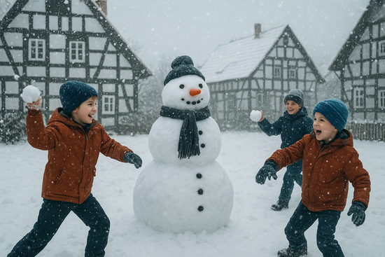 KI themengeneriertes Bild: Schneeballschlacht auf dem Dorfplatz