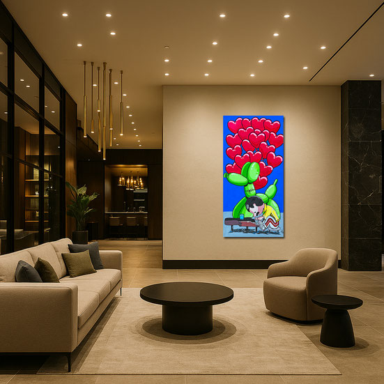 Großformatiges Panorama-Gemälde LOVE OF MY LIFE von Divo Santino in einer modernen, hellen Hotel-Lobby