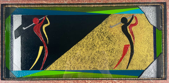 Moderne Golfkunst auf Holz – abstrakte Darstellung zweier Golferfiguren in kontrastreichen Farben mit symbolischen Farbflächen für Rasen, Wasser und Himmel. Unikat von Künstler Andreas Alka alias FLoYd – Golf trifft auf Emotion und mentale Tiefe.