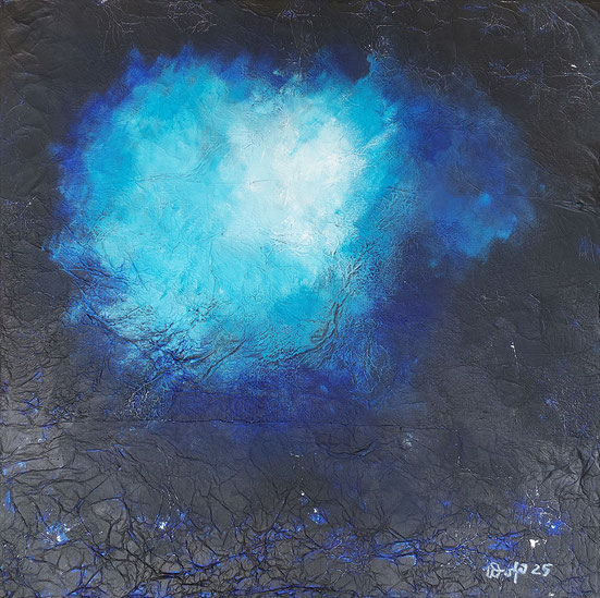 Luz Azul, Acryl auf Aluminiumfolie und Leinwand, 60 x 60cm, 2025