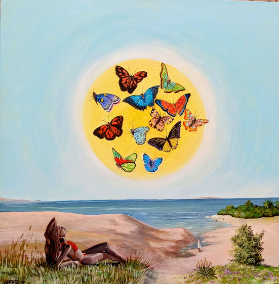 Paysage Intuitif avec Papillons.80 x 80 cm. Pas disponible.