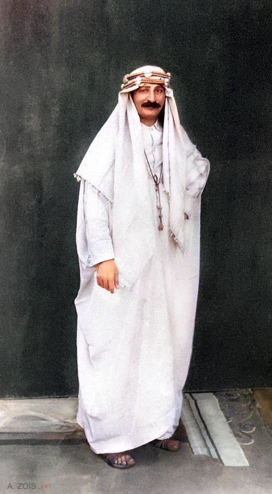 Baba wearing an Arab outfit given to him by the Jaffers from their trip to Mecca. Photographed in a studio in Nasik, India - 1936. Image rendition by Anthony Zois,