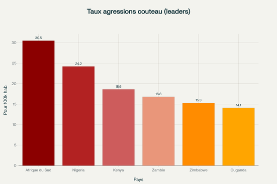 Leaders africains des agressions au couteau : domination des statistiques mondiales (pour 100 000 habitants)