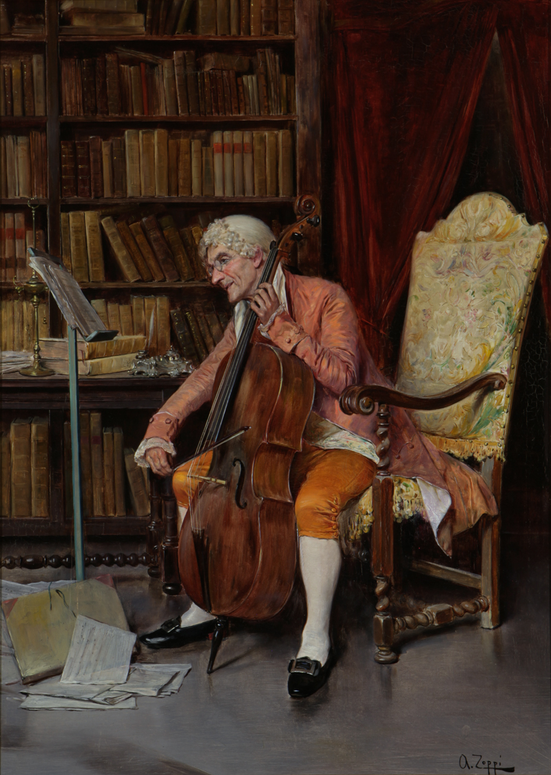Antonio Zoppi (1860-1926) – Cellist without a cello board. And also without a carpet, but still running the risk of sliding across the smooth floor. Let’s not even get into the armrests…
