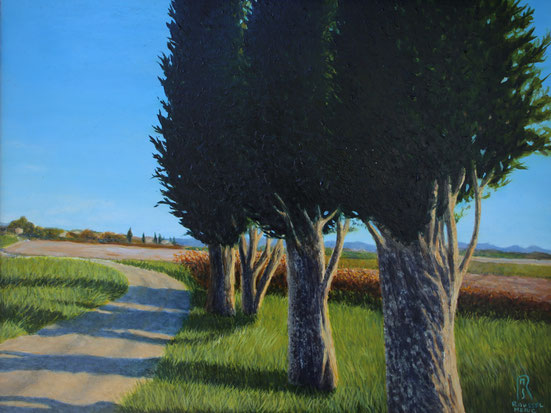 peinture-hyperrealisme-paysage-cypres-chemin-ciel-bleu-uzes-roussel-meric
