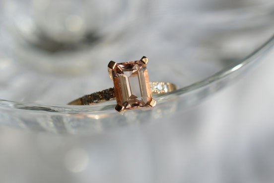 bague morganite 6 x 8mm or rose et diamants