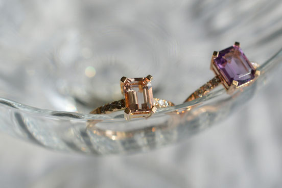 2 bagues cocktail en or rose améthyste et morganite serties de diamants