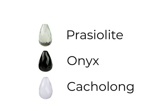 3 pierres fines gouttes facettées pour créoles précieuses prasiolite onyx et cacholong
