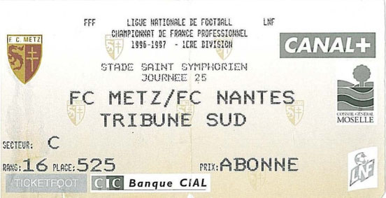 1er févr. 1997: FC Metz - FC Nantes Atlantique - 25ème Journée - Championnat de France (0/1 - 11.521 spect.)