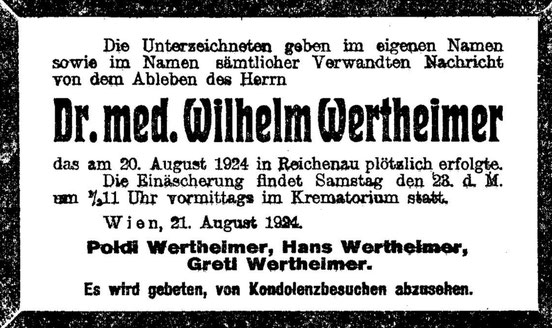 Todesanzeige v. Dr. med. Wilhelm Wertheimer 1924