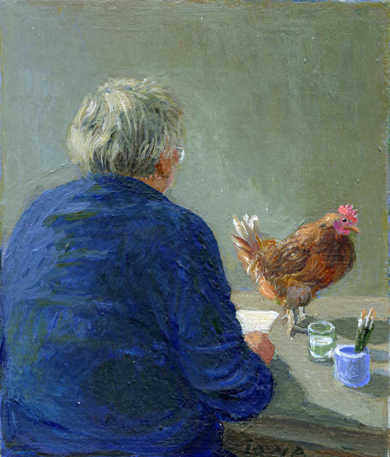 Michael Sowa: *Groß ist die Versuchung, sich mit fremden Federn zu schmücken*, 2008, Acryl/Papier, 21 x 17 cm (Blatt), 10,2 x 8,9 cm (Motiv)