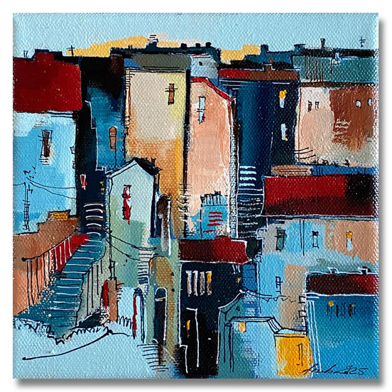 02 „STADTLANDSCHAFT“ – Mischtechnik auf Leinwand auf 2cm Keilrahmen – licht- und farbecht endfixiert – Größe: 15x15 -  VERKAUFT