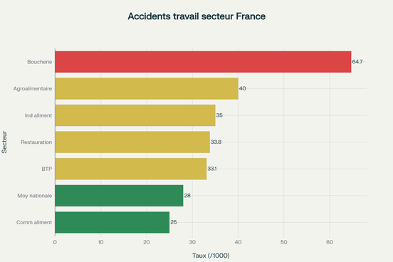 Comparaison des taux d'accidents du travail par secteur, montrant la surexposition des métiers de la viande