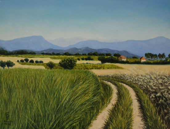 peinture-hyperrealisme-paysage-champs-verts-ciel-bleu-provence-roussel-meric