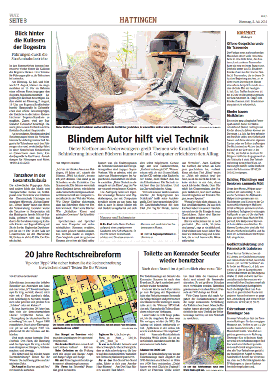 Bild der Seitungsseite 3 der WAZ vom 05.07.2016 – PDFs (für Screenreader geeignet) des Artikels findet Ihr unterhalb dieser Abbildung.