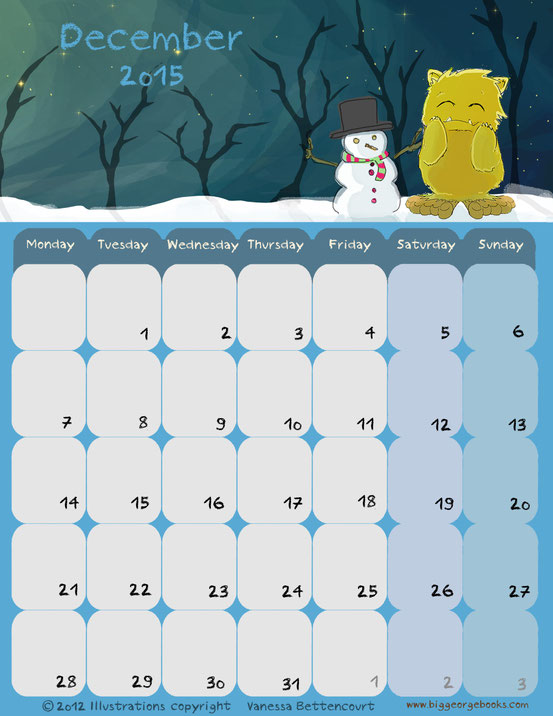 free December calendar children printable school classroom cute days week month 2015