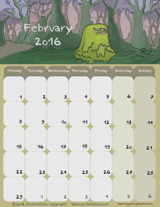 free calendar printable kids 2016 february