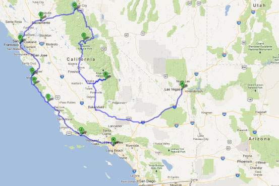 Las Vegas, Sequoia NP, Yosemite NP, Lake Tahoe, Sacramento, San Francisco, Montery, Big Sur, San Simeon, Santa Barbara, Los Angeles