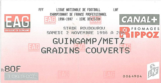 2 nov. 1996: EA Guingamp - FC Metz - 15ème Journée - Championnat de France (0/1 - 12.265 spect.)