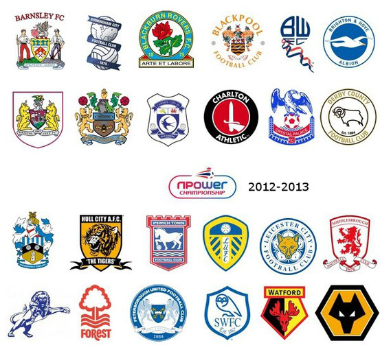 Die 24 Vereinslogos der Championship 2012/2013