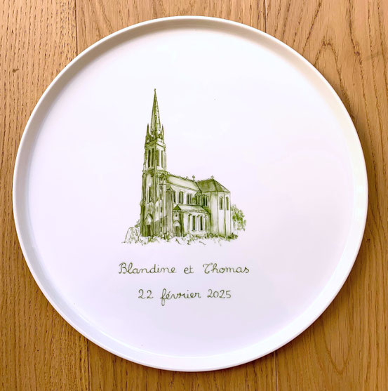 Plat à tarte Reproduction d'une église monochrome Vert olive