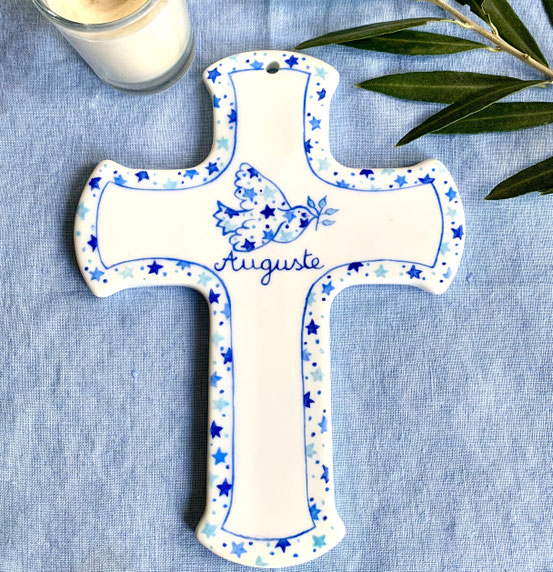 Grande croix ou crucifix Colombe et étoiles Bleu