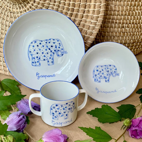 Ensemble Eléphant étoiles bleu 3 articles avec mug 2 anses