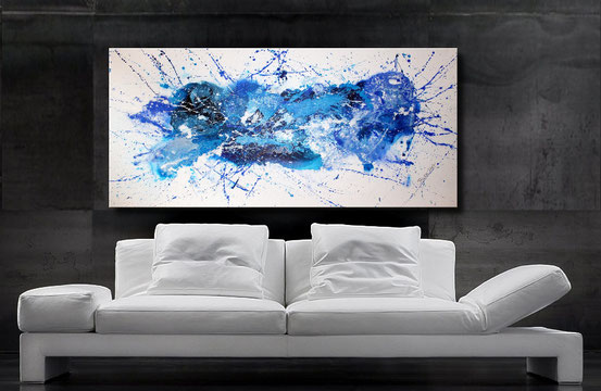 Gemälde, Fluid Art, 120 x 60 cm, Interessante Verläufe in Blau