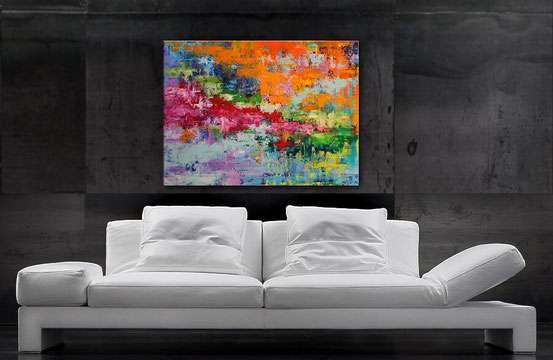 Acrylbilder kaufen - Grün, Gelb, Blau, Rot, Weiß, Schwarz 120 x 90 cm, Wandbild abstrakt, modern