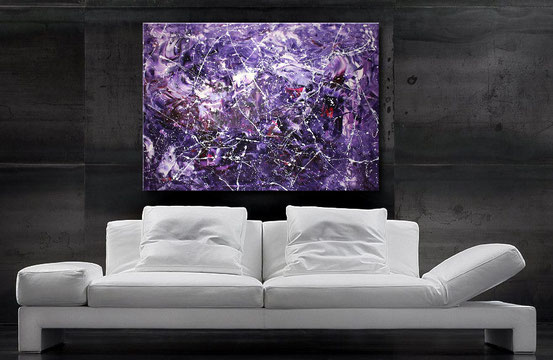 Acrylbilder kaufen von wandbilderkunst.de, 120x90 cm, Interessante Farbverläufe in Purple, Schwarz, Weiß und anderen Akzenten. Leinwand auf Holkeilrahmen.