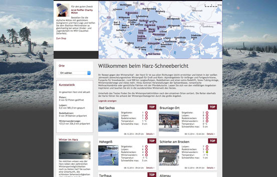 Harz Schneebericht: Screenshot der Webseite Wintersport Harzinfo