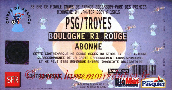 Ticket  PSG-Troyes  2003-04