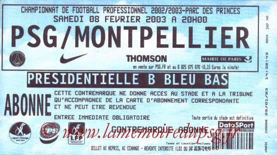 Ticket  PSG-Montpellier  2002-03