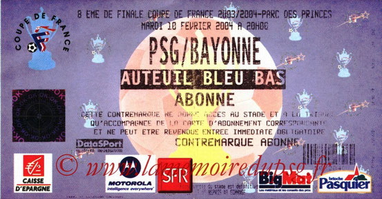 Ticket  Bayonne-PSG  2003-04