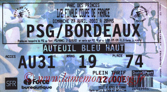 Ticket  PSG-Bordeaux  2002-03 bis