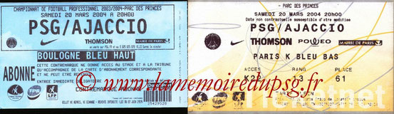 Tickets  PSG-Ajaccio  2003-04