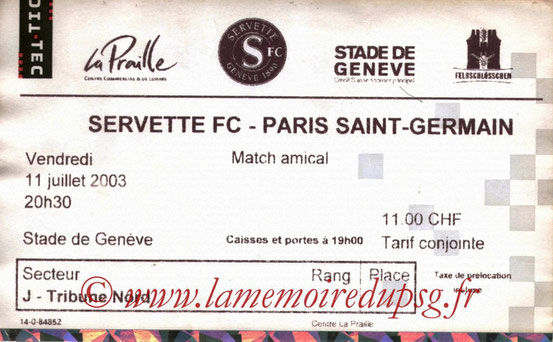 Ticket  Servette Geneve-PSG  2003-04