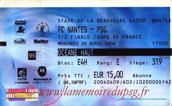 Ticket  Bayonne-PSG  2003-04 (Billetel)