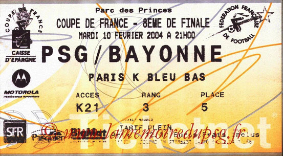 Ticket  Bayonne-PSG  2003-04 (Ticketnet)