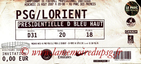 Ticket  PSG-Lorient  2007-08