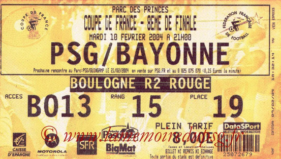 Ticket  Bayonne-PSG  2003-04  bis