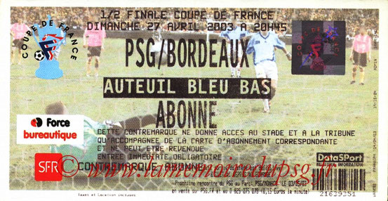 Ticket  PSG-Bordeaux  2002-03