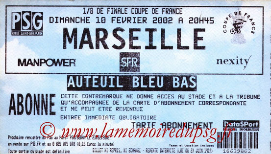 Ticket  PSG-Marseille  2001-02