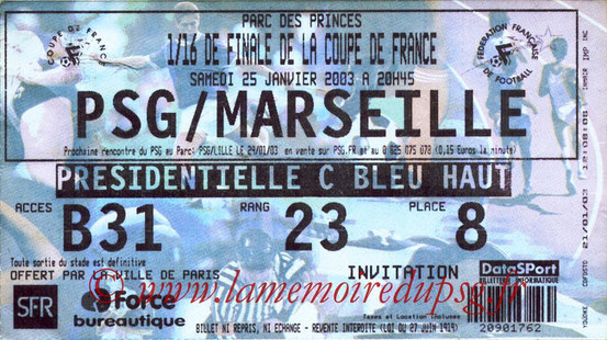 Ticket  PSG-Marseille  2002-03