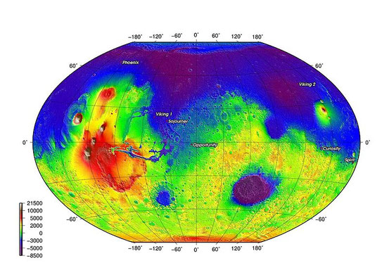 Die Orte der sieben erfolgreichen Marslandungen