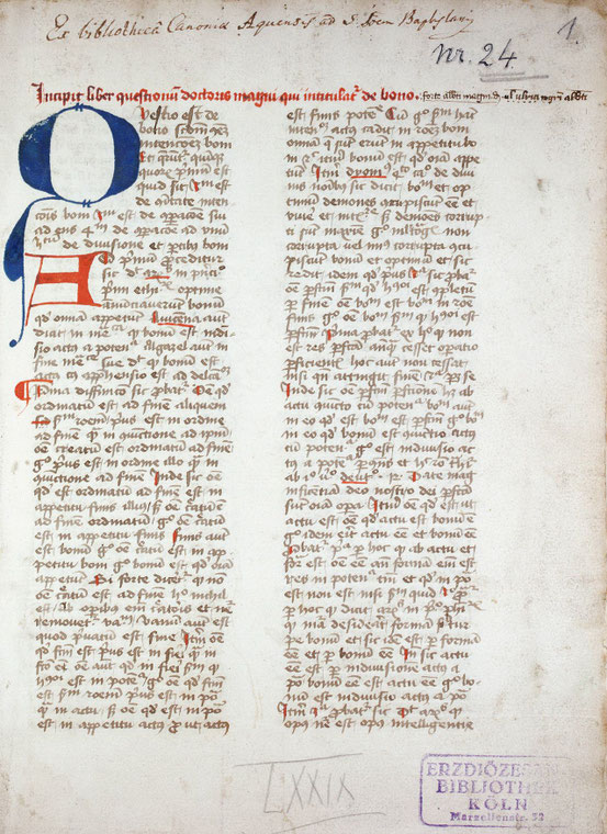 Beginn der Abhandlung De Bono („Über das Gute“) Alberts des Großen, Köln, Dombibliothek, Codex 1024, fol. 1r