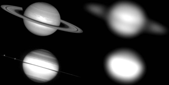 Galilei konnte mit seinem Fernrohr den Saturnring nicht deutlich erkennen (rechte Bilder), je nach momentaner Ringstellung (links)